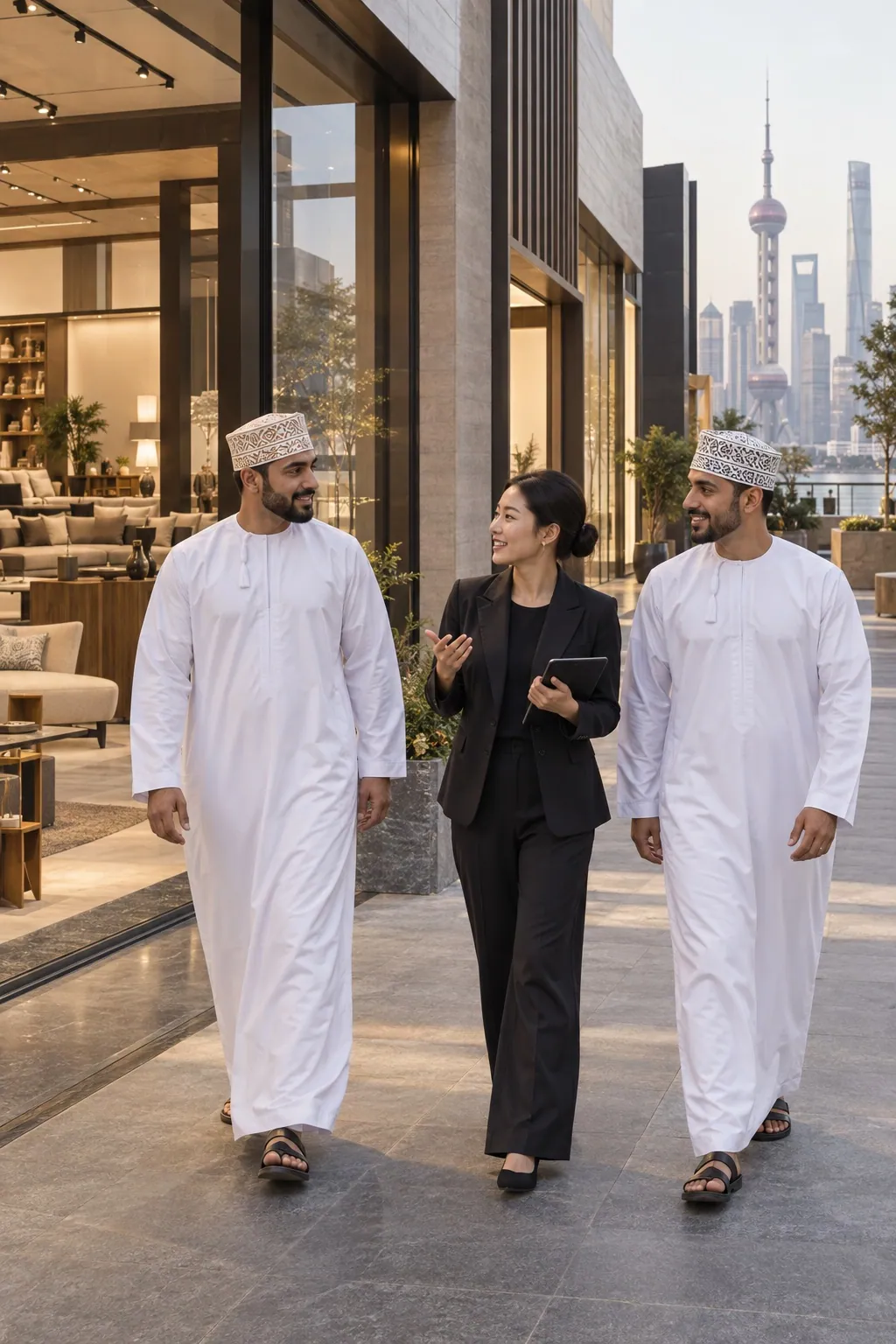 Illustrative scene of Omani clients with a Chinese guide on a sourcing trip